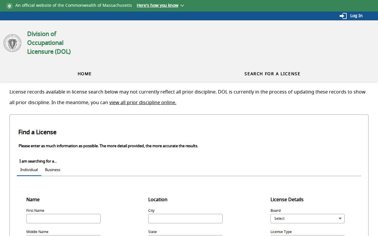 Gardner resident lookup context through the Commonwealth eLIPSE license search